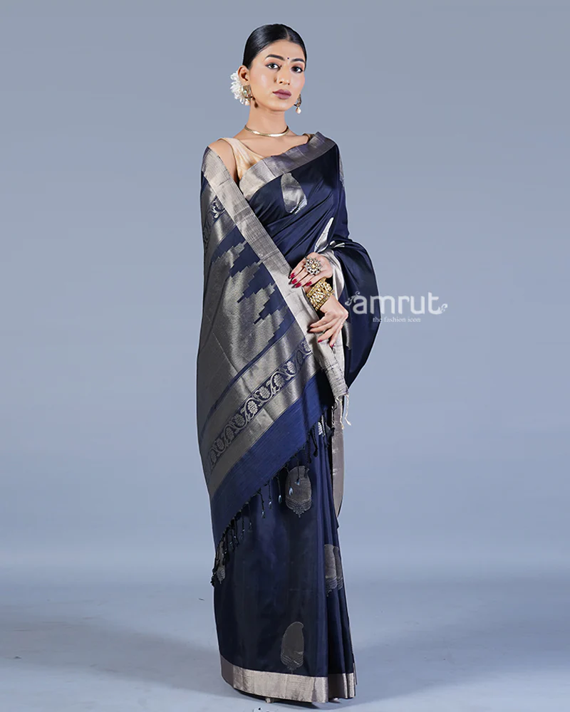 Navy Blue with Golden Zari Leaf Patterns and Geometric Motifs Saree with unstitched blouse - Image 4