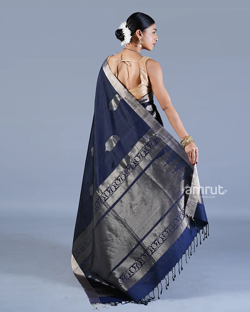 Navy Blue with Golden Zari Leaf Patterns and Geometric Motifs Saree with unstitched blouse - Image 5