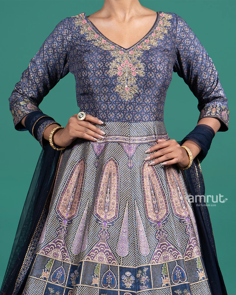 Navy Blue Woven Zari Embroidered Anarkali Gown With Dupatta - Image 3