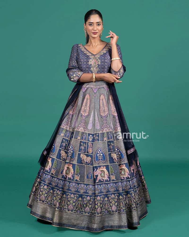 Navy Blue Woven Zari Embroidered Anarkali Gown With Dupatta - Image 4