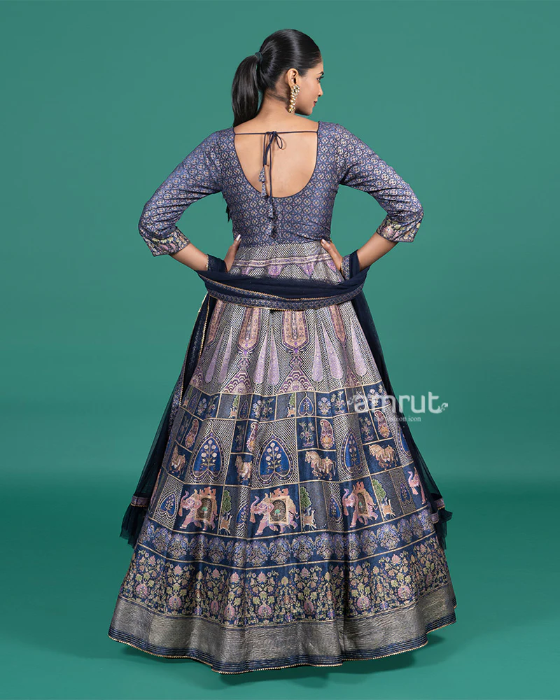 Navy Blue Woven Zari Embroidered Anarkali Gown With Dupatta - Image 5