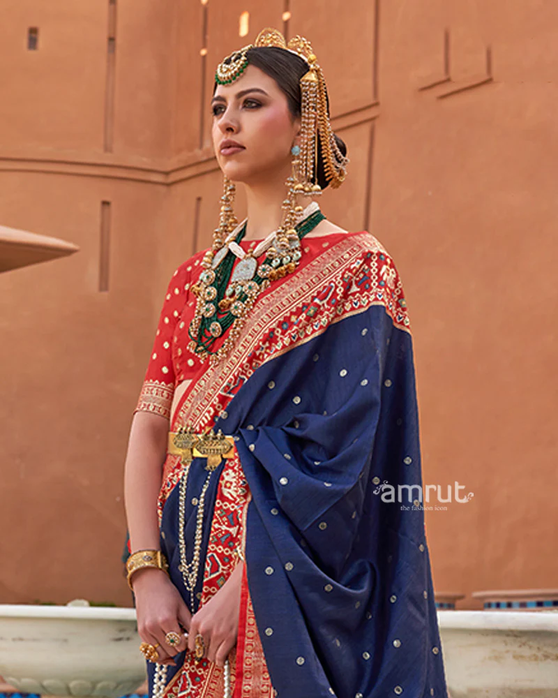 Navy Blue Zari Weaving Red Border Saree in Patola Silk with Unstitched Blouse - Image 2