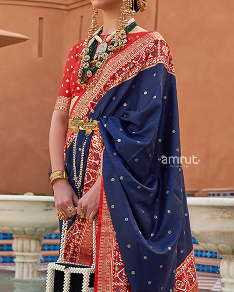 Navy Blue Zari Weaving Red Border Saree in Patola Silk with Unstitched Blouse - Image 3