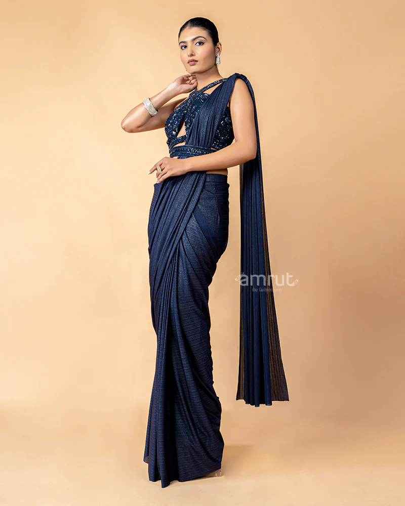 Navy Ready-to-Wear saree with Cross Shoulder Embroidered Blouse - Image 3
