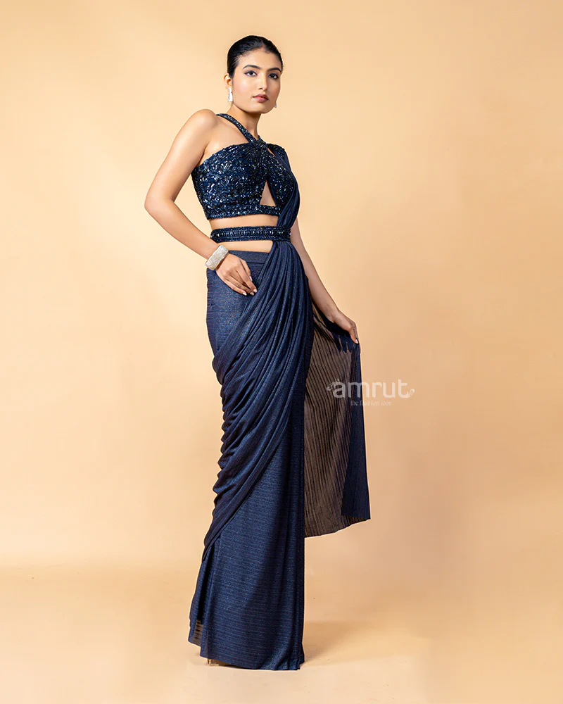 Navy Ready-to-Wear saree with Cross Shoulder Embroidered Blouse - Image 5