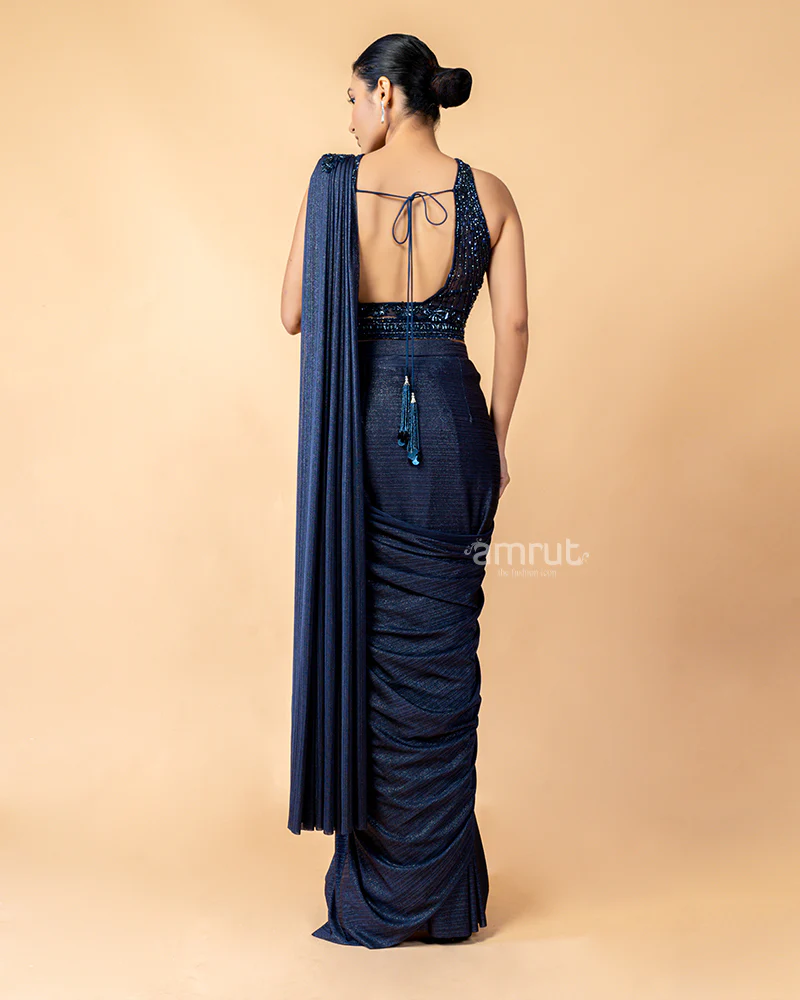 Navy Ready-to-Wear saree with Cross Shoulder Embroidered Blouse - Image 6