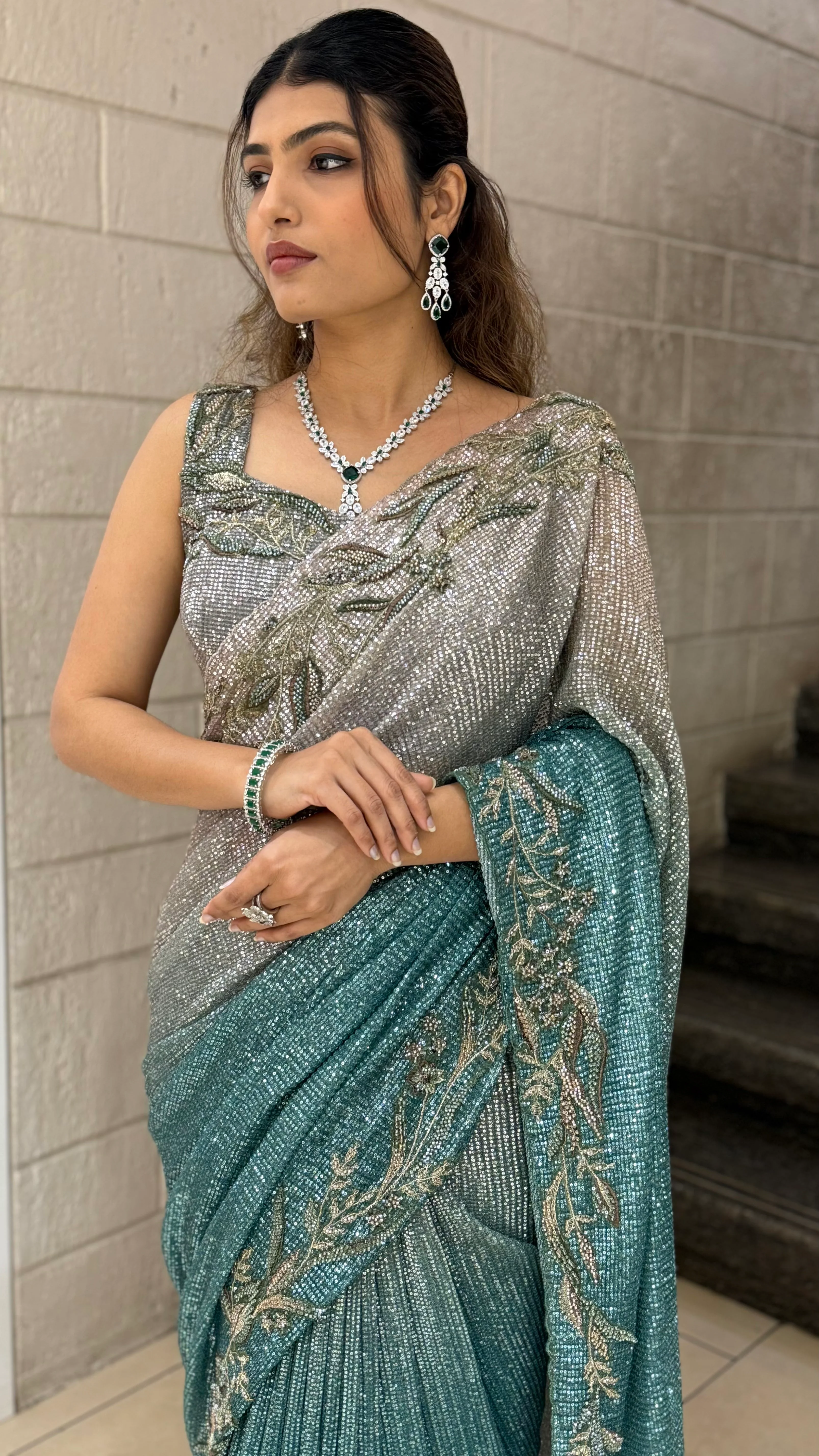 Ocean Green & Silver Dual-Tone Sequin Saree with Embroidered Border - Image 4