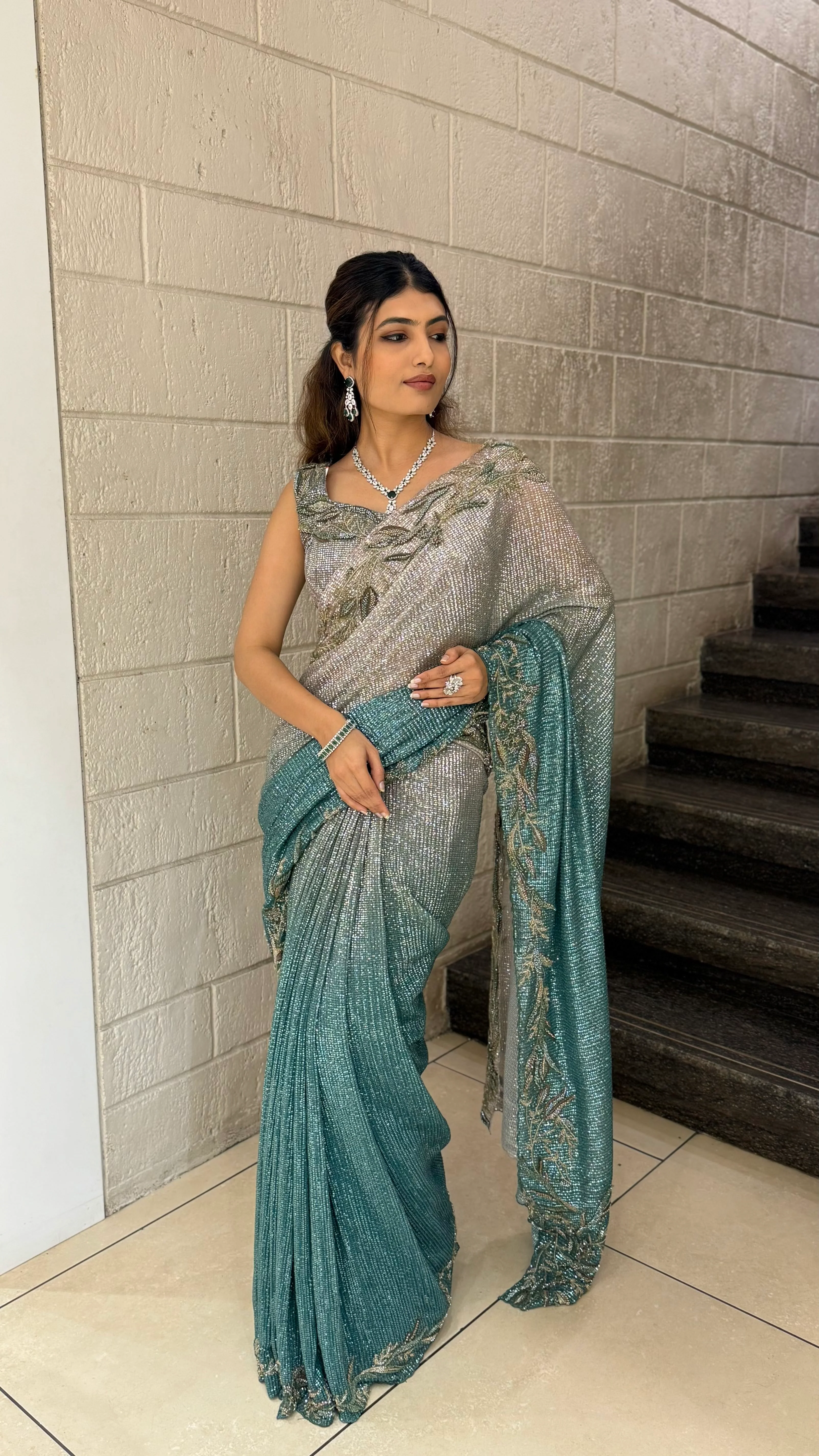 Ocean Green & Silver Dual-Tone Sequin Saree with Embroidered Border - Image 5