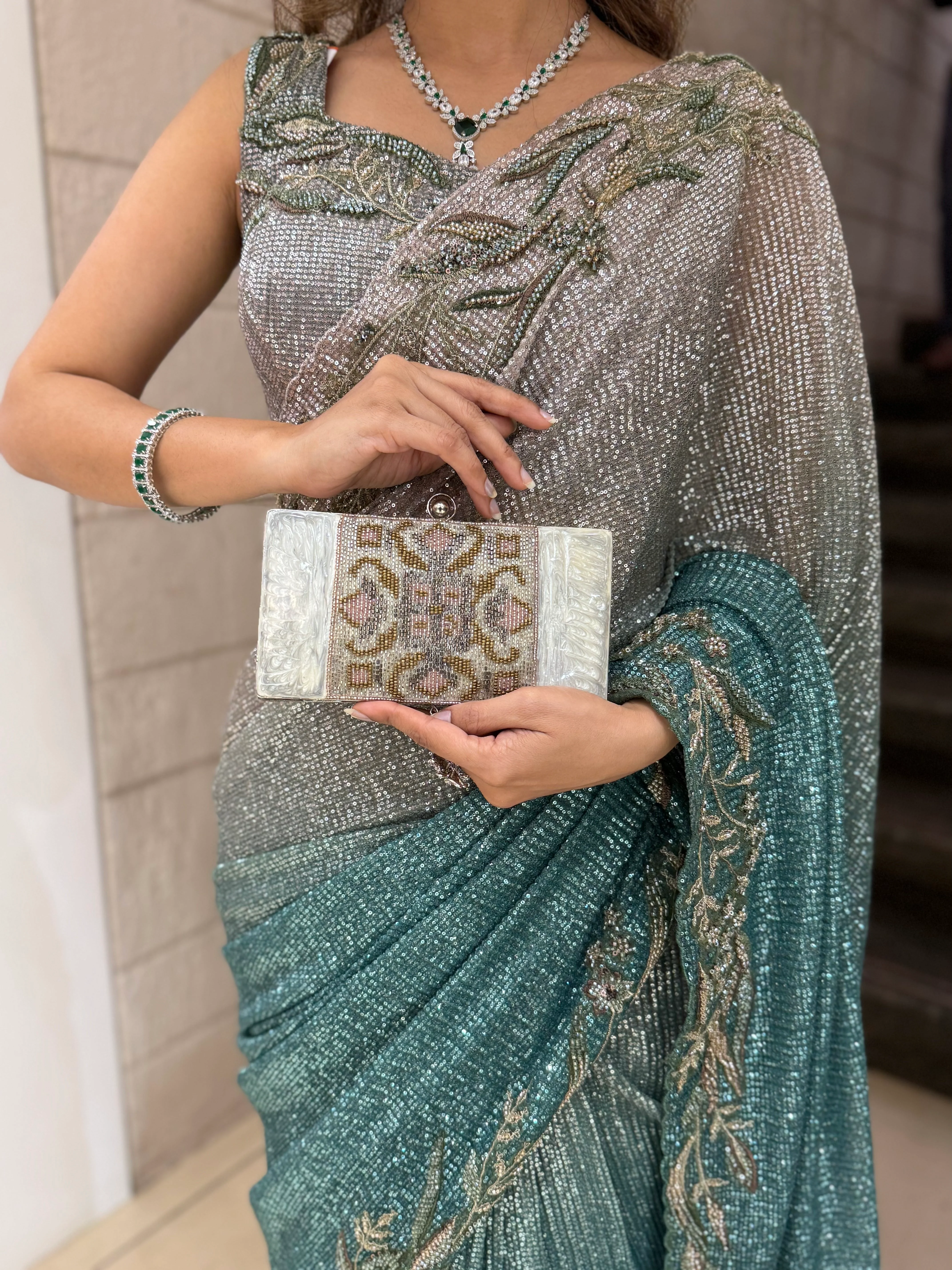 Ocean Green & Silver Dual-Tone Sequin Saree with Embroidered Border - Image 6