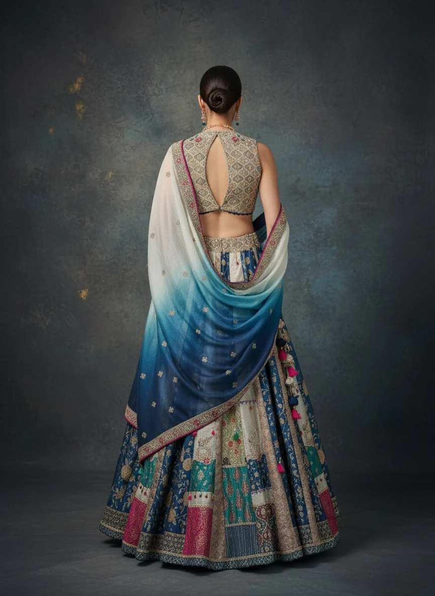 Ocean Ombre Patchwork Silk Lehenga with Embroidered Blouse & Dual-Tone Dupatta - Image 3