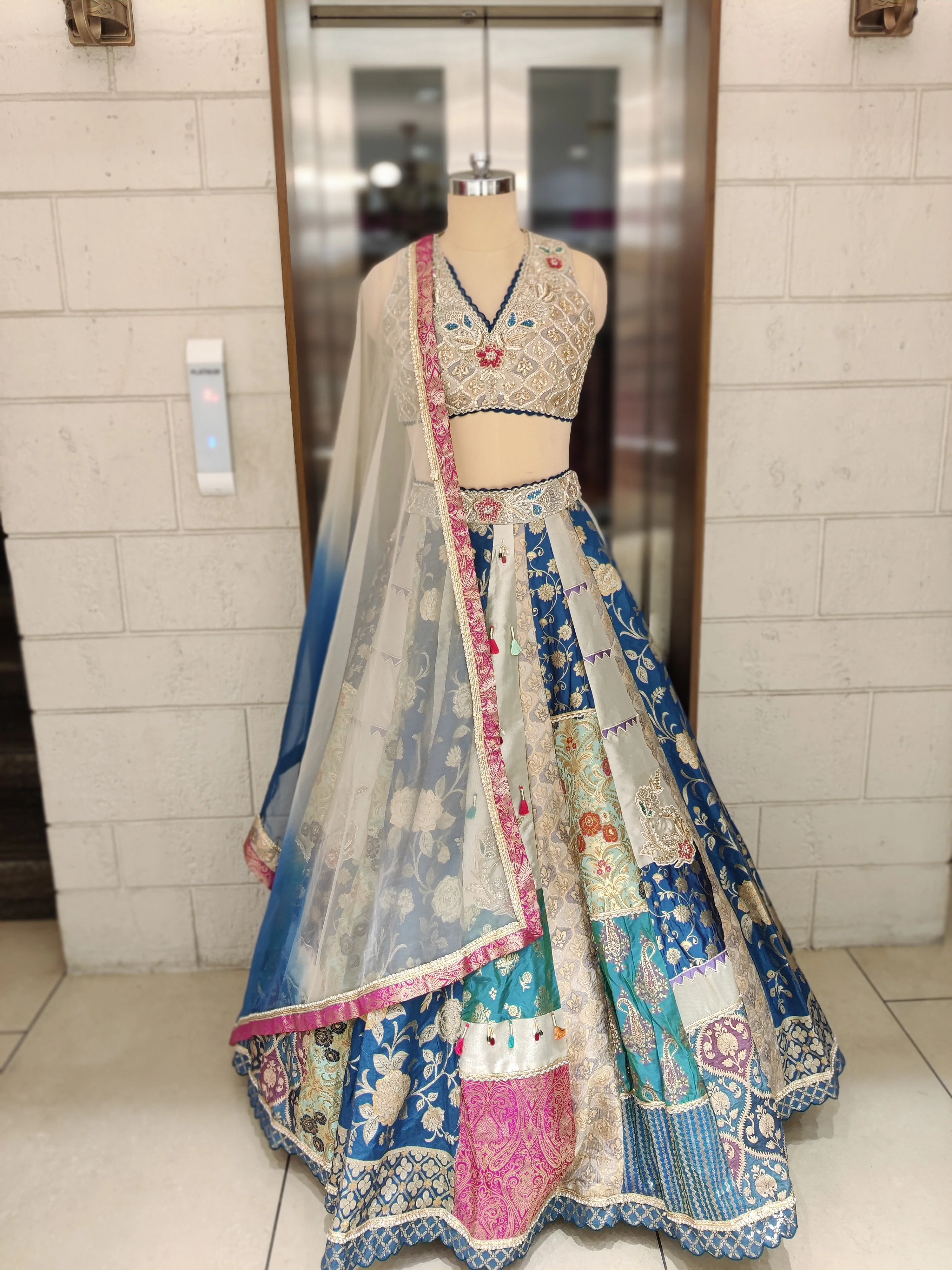 Ocean Ombre Patchwork Silk Lehenga with Embroidered Blouse & Dual-Tone Dupatta - Image 4