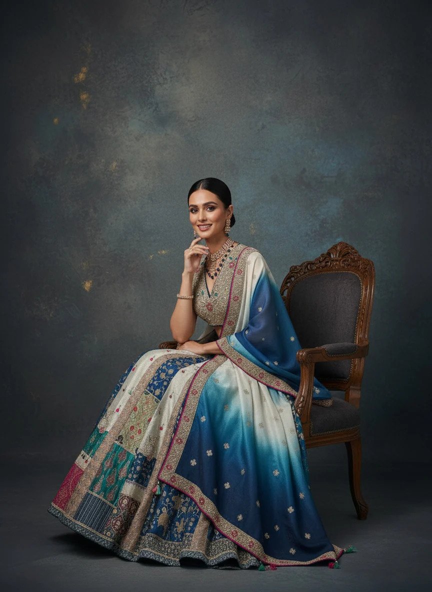 Ocean Ombre Patchwork Silk Lehenga with Embroidered Blouse & Dual-Tone Dupatta - Image 5
