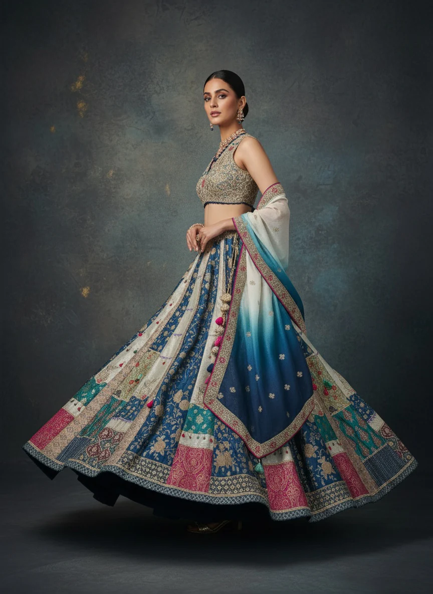 Ocean Ombre Patchwork Silk Lehenga with Embroidered Blouse & Dual-Tone Dupatta - Image 6