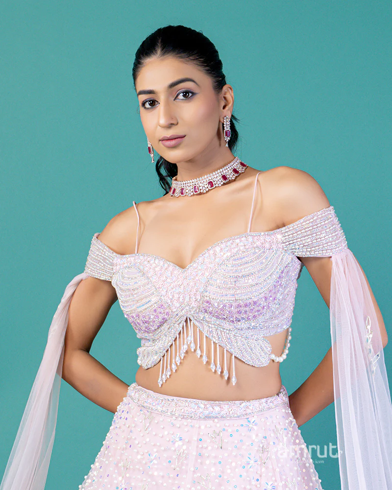 Off Shoulder Butterfly Embellished Choli with Blush Pink Lehenga and Beaded Waistband - Image 2