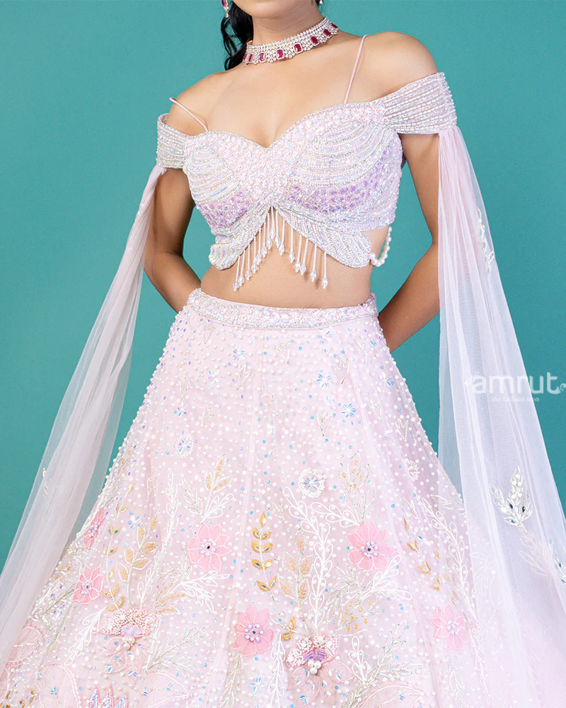 Off Shoulder Butterfly Embellished Choli with Blush Pink Lehenga and Beaded Waistband - Image 3
