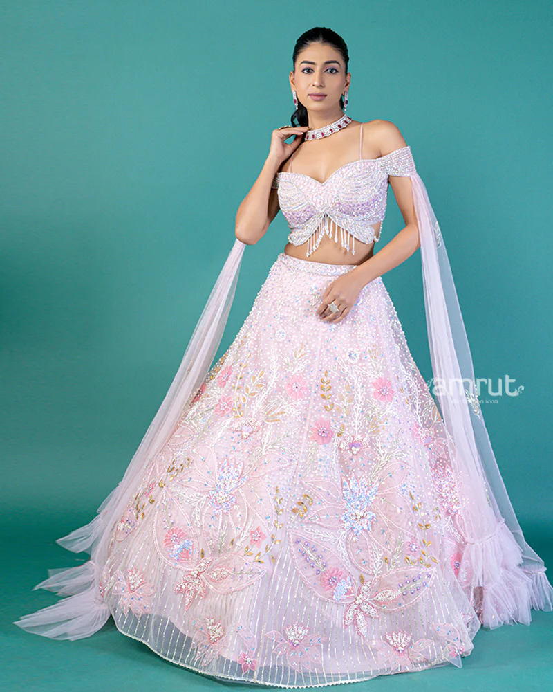 Off Shoulder Butterfly Embellished Choli with Blush Pink Lehenga and Beaded Waistband - Image 4