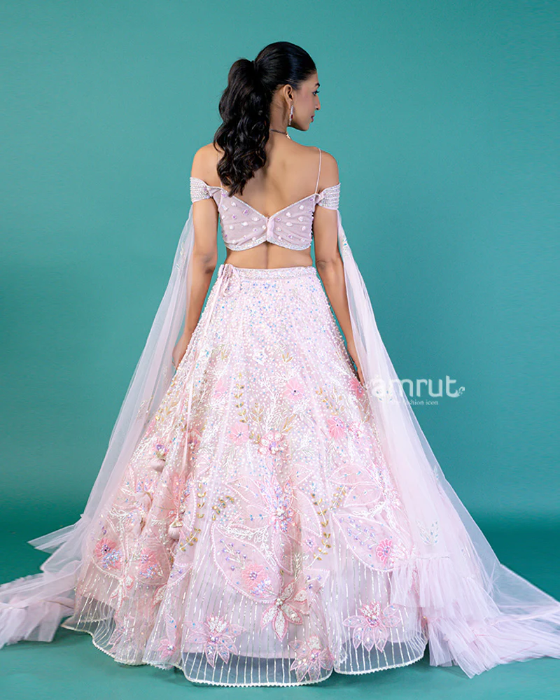 Off Shoulder Butterfly Embellished Choli with Blush Pink Lehenga and Beaded Waistband - Image 5
