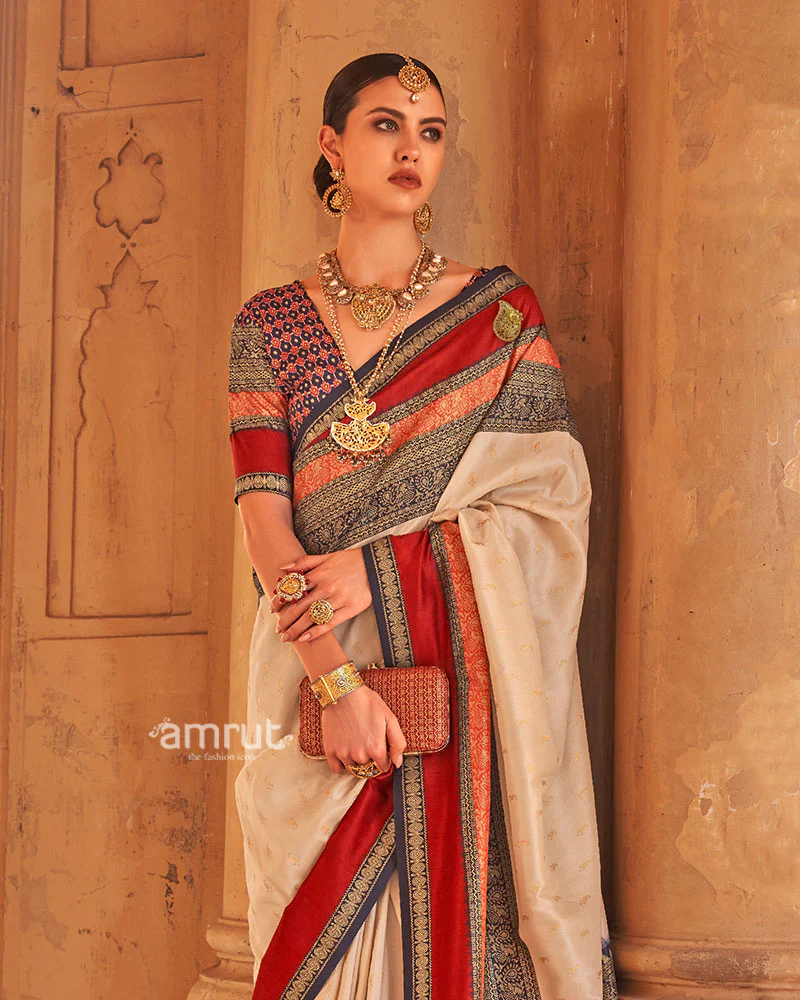 Off White and Multicolor Printed Patola Silk Saree with Unstitched Blouse - Image 2