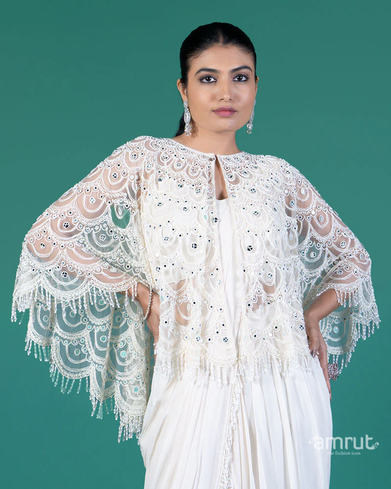 Off-White Ready-to-Wear Saree with Embellished Capelet and Blouse - Image 2