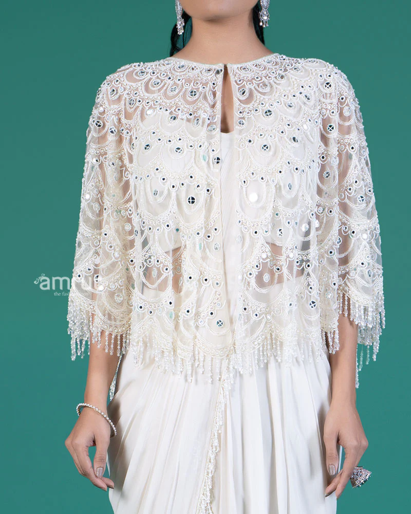 Off-White Ready-to-Wear Saree with Embellished Capelet and Blouse - Image 3