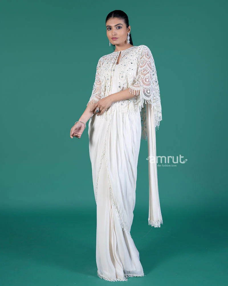 Off-White Ready-to-Wear Saree with Embellished Capelet and Blouse - Image 4