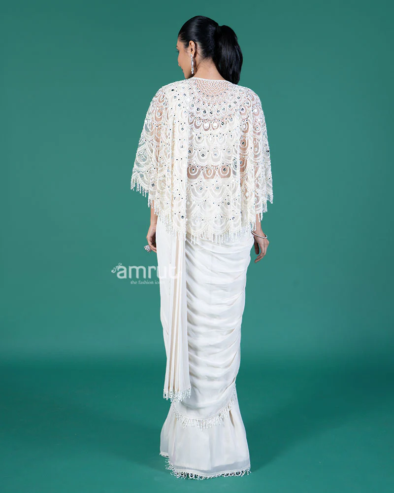 Off-White Ready-to-Wear Saree with Embellished Capelet and Blouse - Image 5