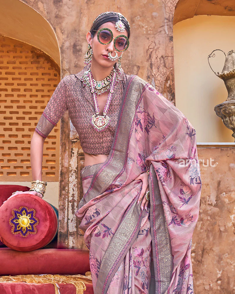 Old Pink Floral Printed Silk Saree with Unstitched Blouse - Image 2