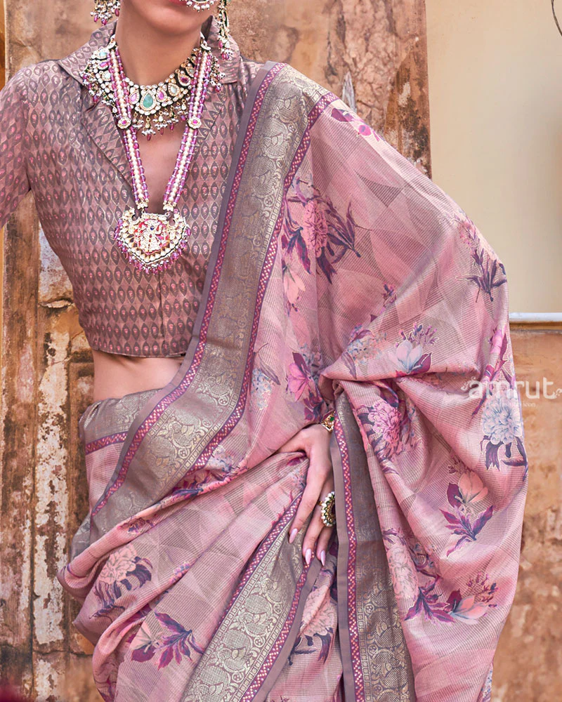Old Pink Floral Printed Silk Saree with Unstitched Blouse - Image 3