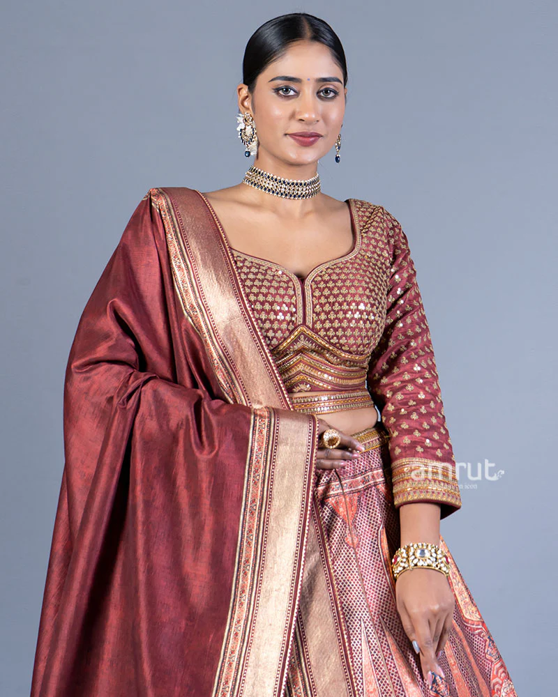 Old Rose Embroidered Lehenga Choli with Dupatta and Belt - Image 2