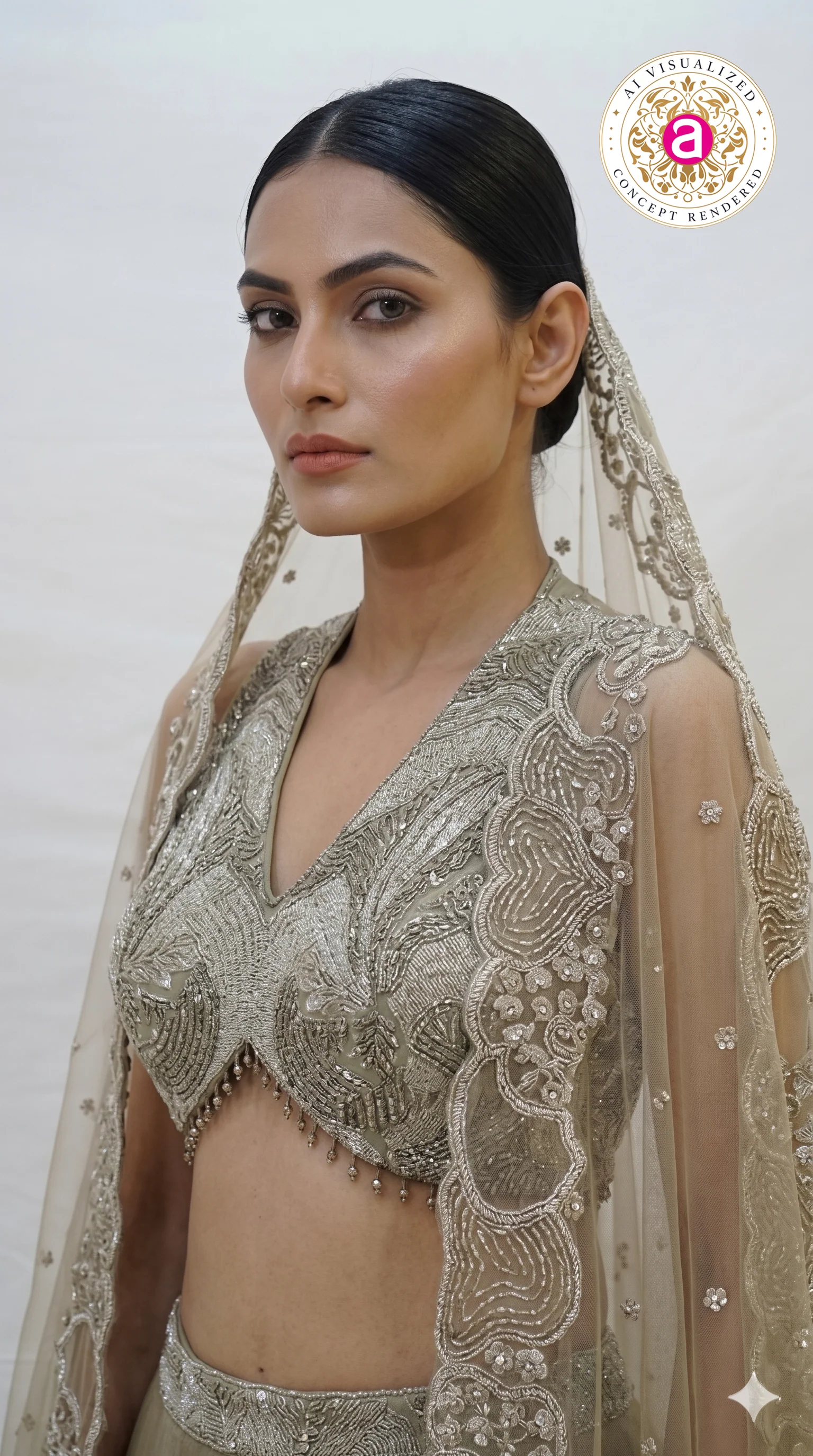 Olive Beige Embroidered Lehenga Choli with Statement Blouse & Net Dupatta - Image 2
