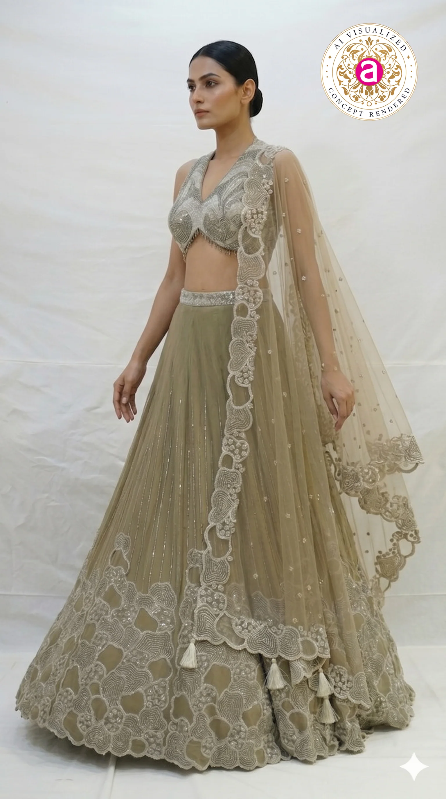 Olive Beige Embroidered Lehenga Choli with Statement Blouse & Net Dupatta - Image 3