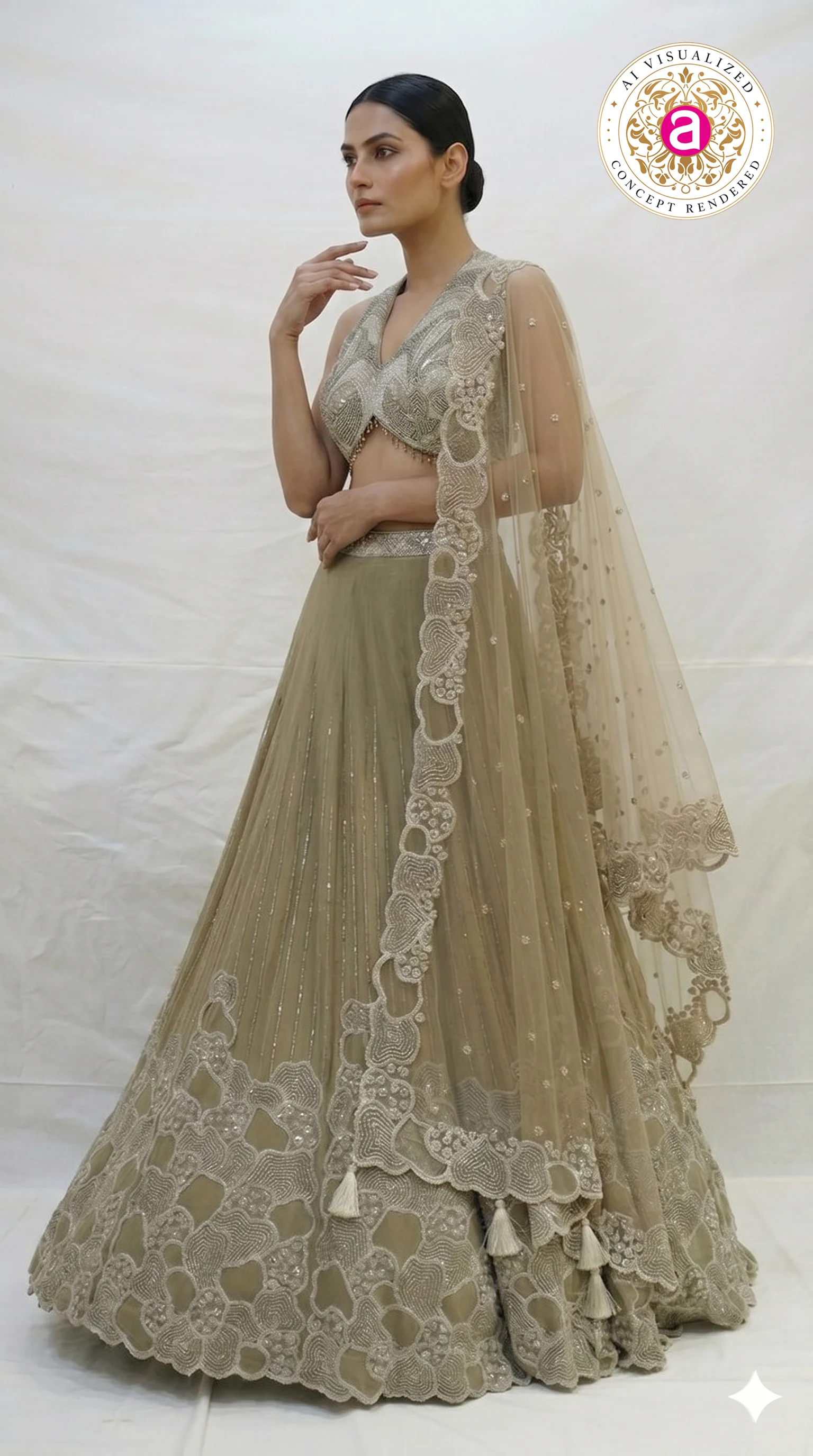 Olive Beige Embroidered Lehenga Choli with Statement Blouse & Net Dupatta - Image 4