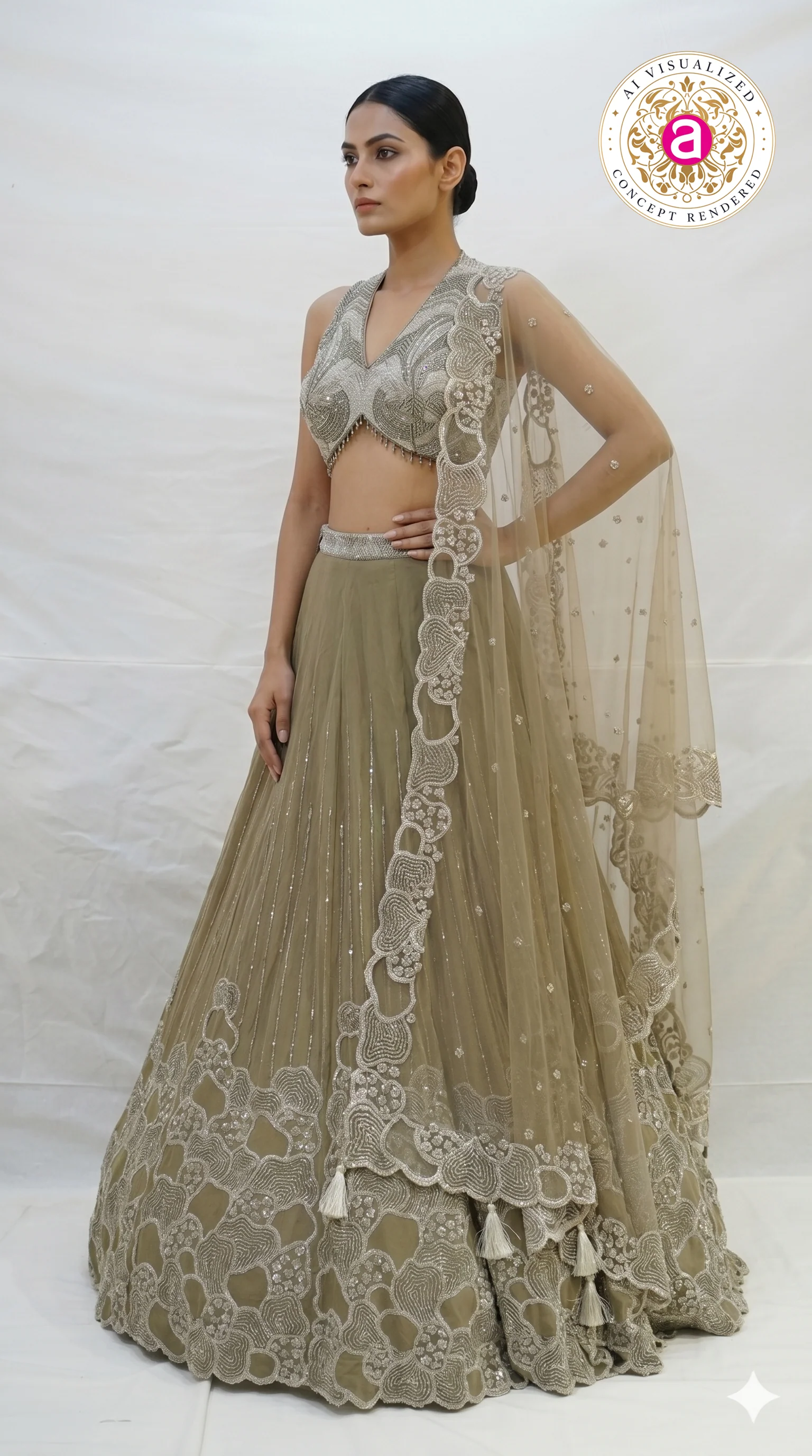 Olive Beige Embroidered Lehenga Choli with Statement Blouse & Net Dupatta - Image 5