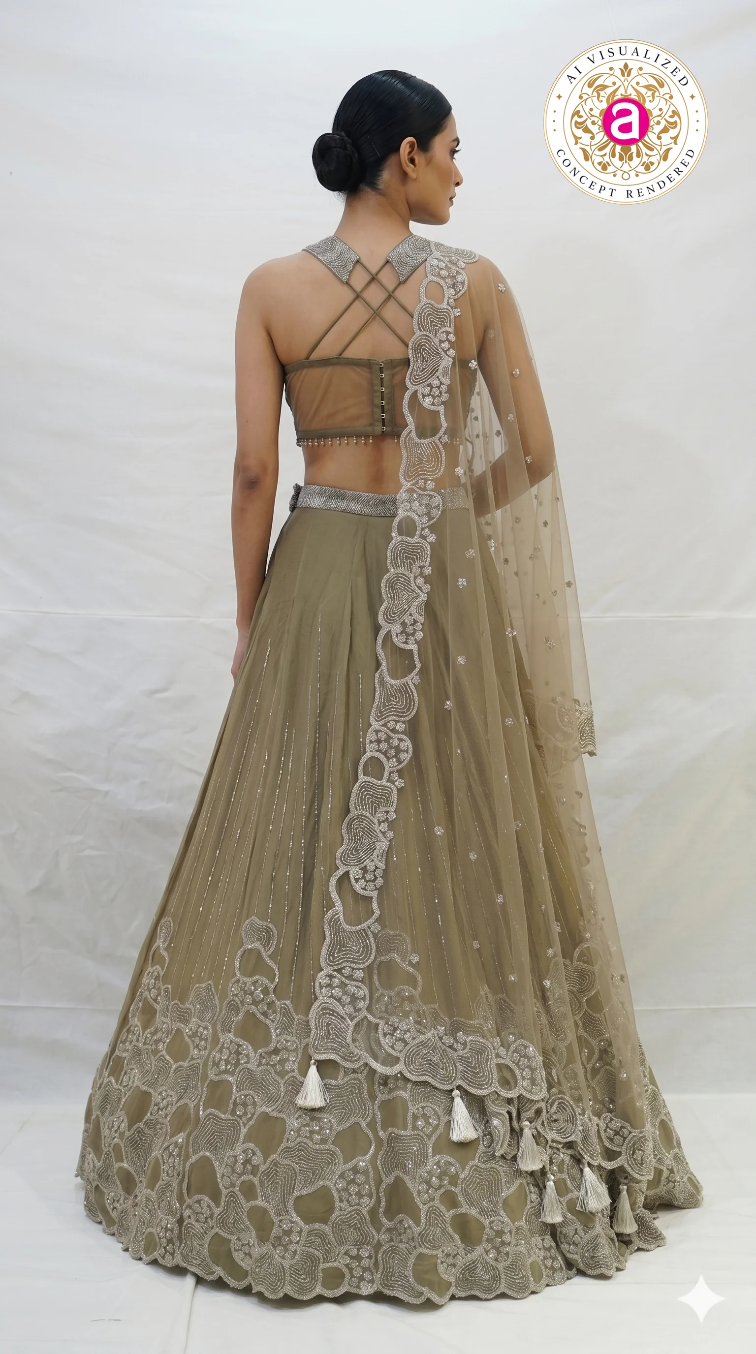 Olive Beige Embroidered Lehenga Choli with Statement Blouse & Net Dupatta - Image 6