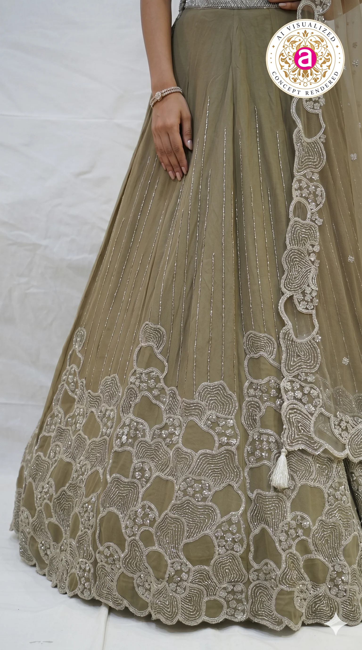 Olive Beige Embroidered Lehenga Choli with Statement Blouse & Net Dupatta - Image 7