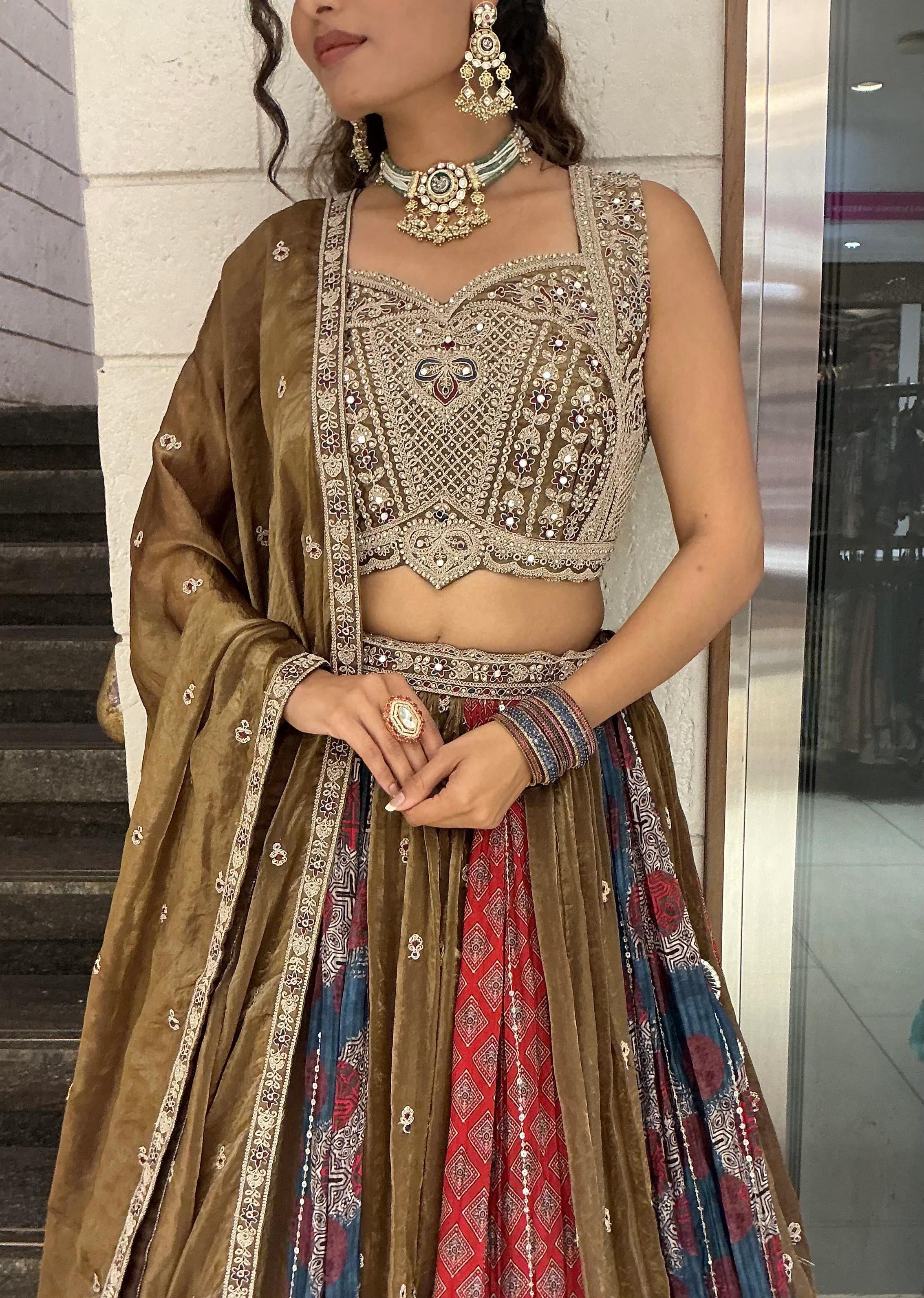 Olive Brown Multicolour Heritage Embroidered Designer Lehenga Choli Set - Image 2