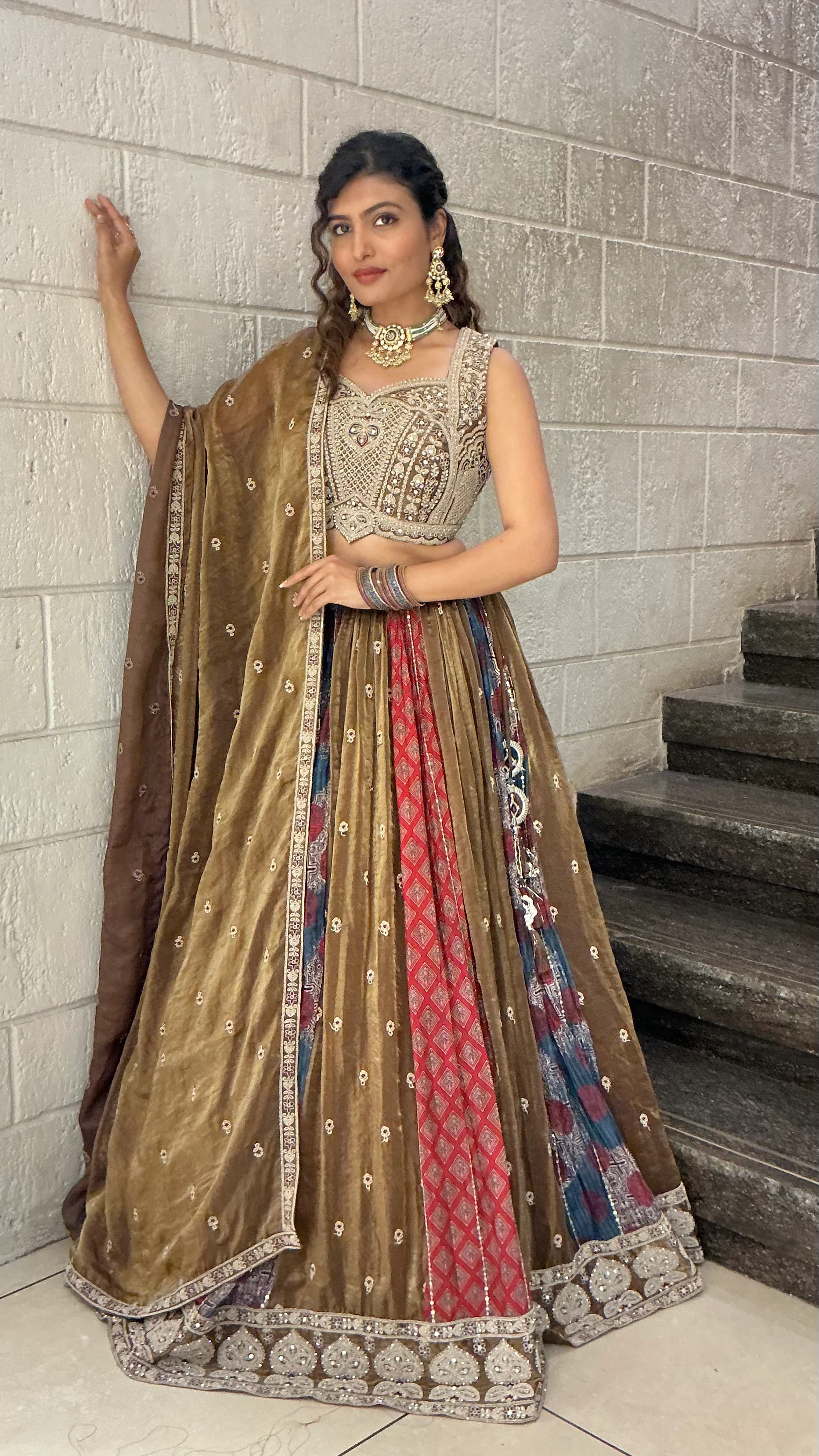 Olive Brown Multicolour Heritage Embroidered Designer Lehenga Choli Set - Image 3