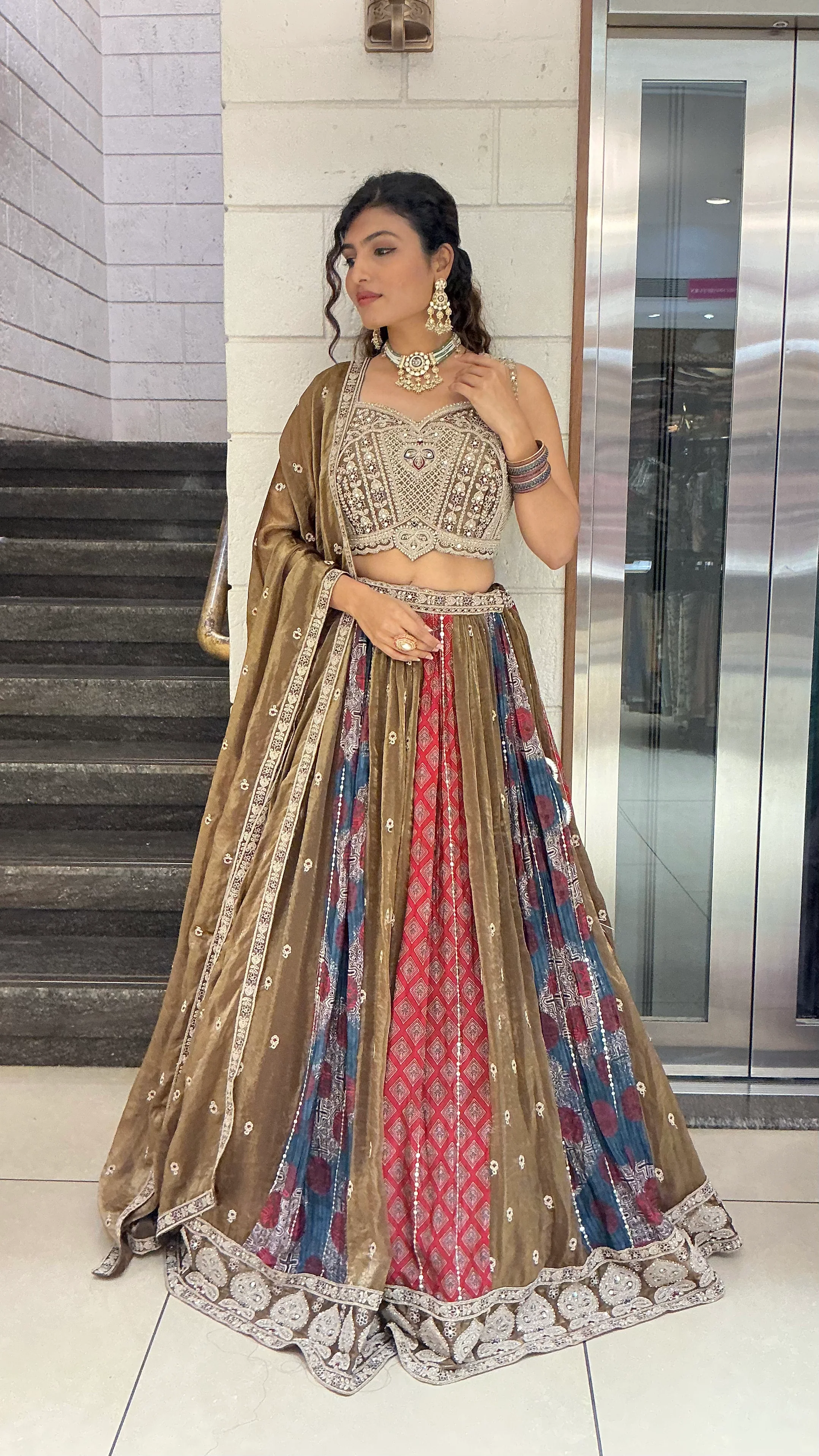 Olive Brown Multicolour Heritage Embroidered Designer Lehenga Choli Set - Image 4
