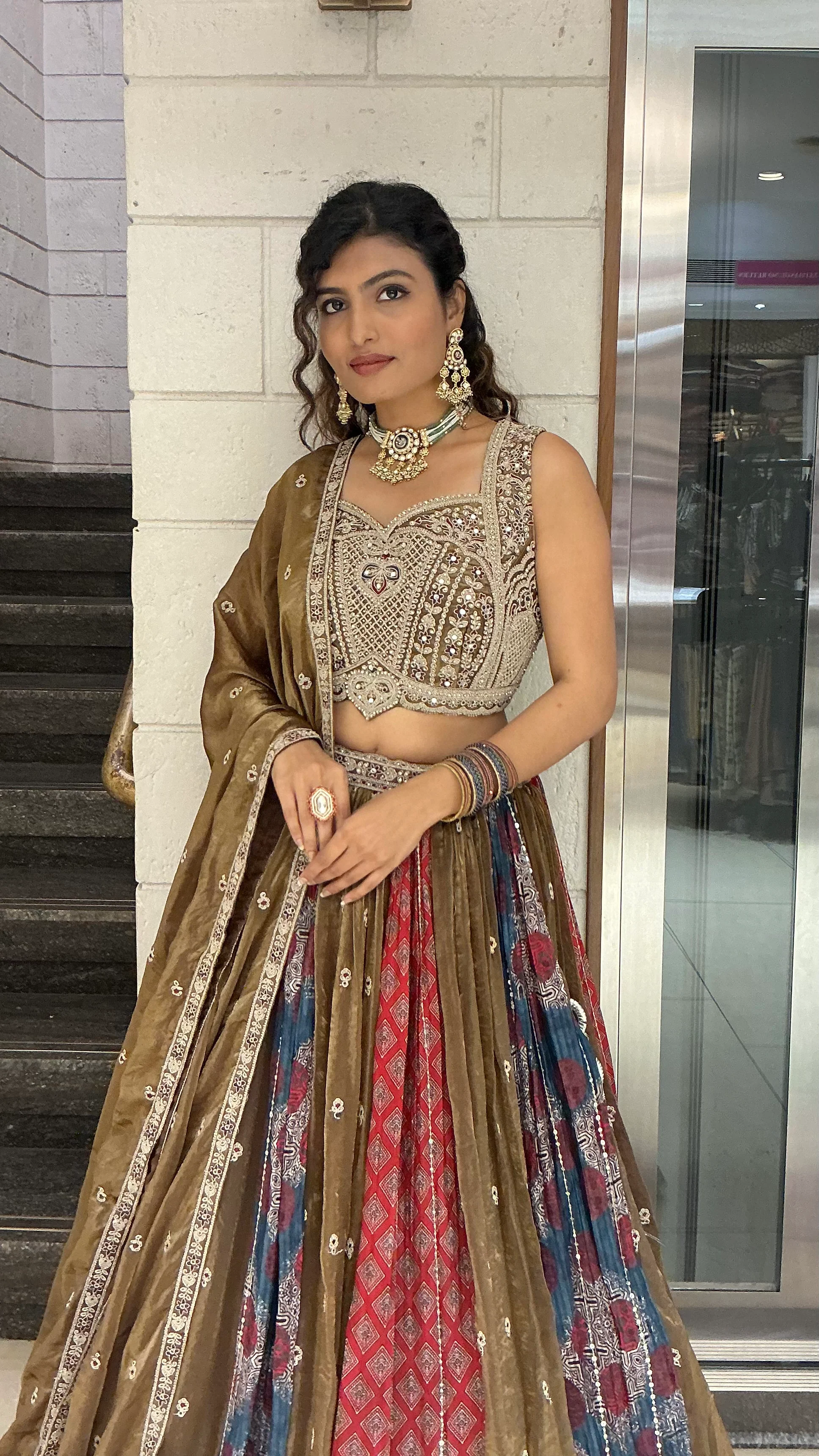 Olive Brown Multicolour Heritage Embroidered Designer Lehenga Choli Set - Image 5
