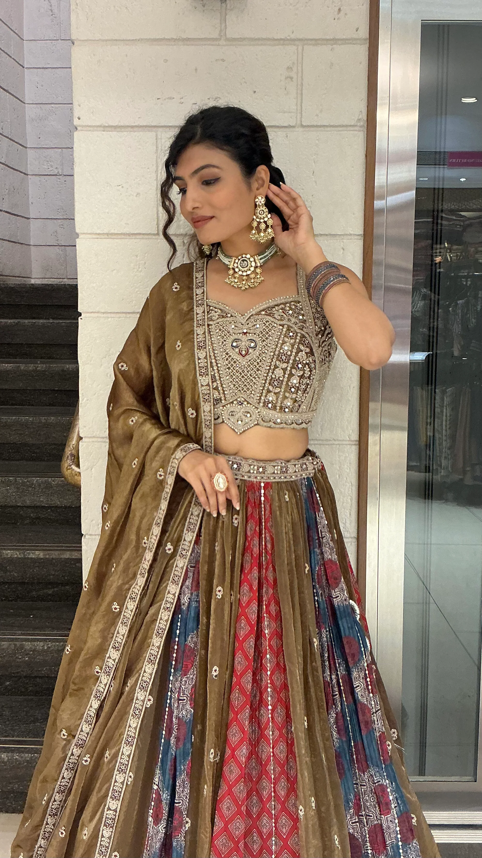 Olive Brown Multicolour Heritage Embroidered Designer Lehenga Choli Set - Image 6