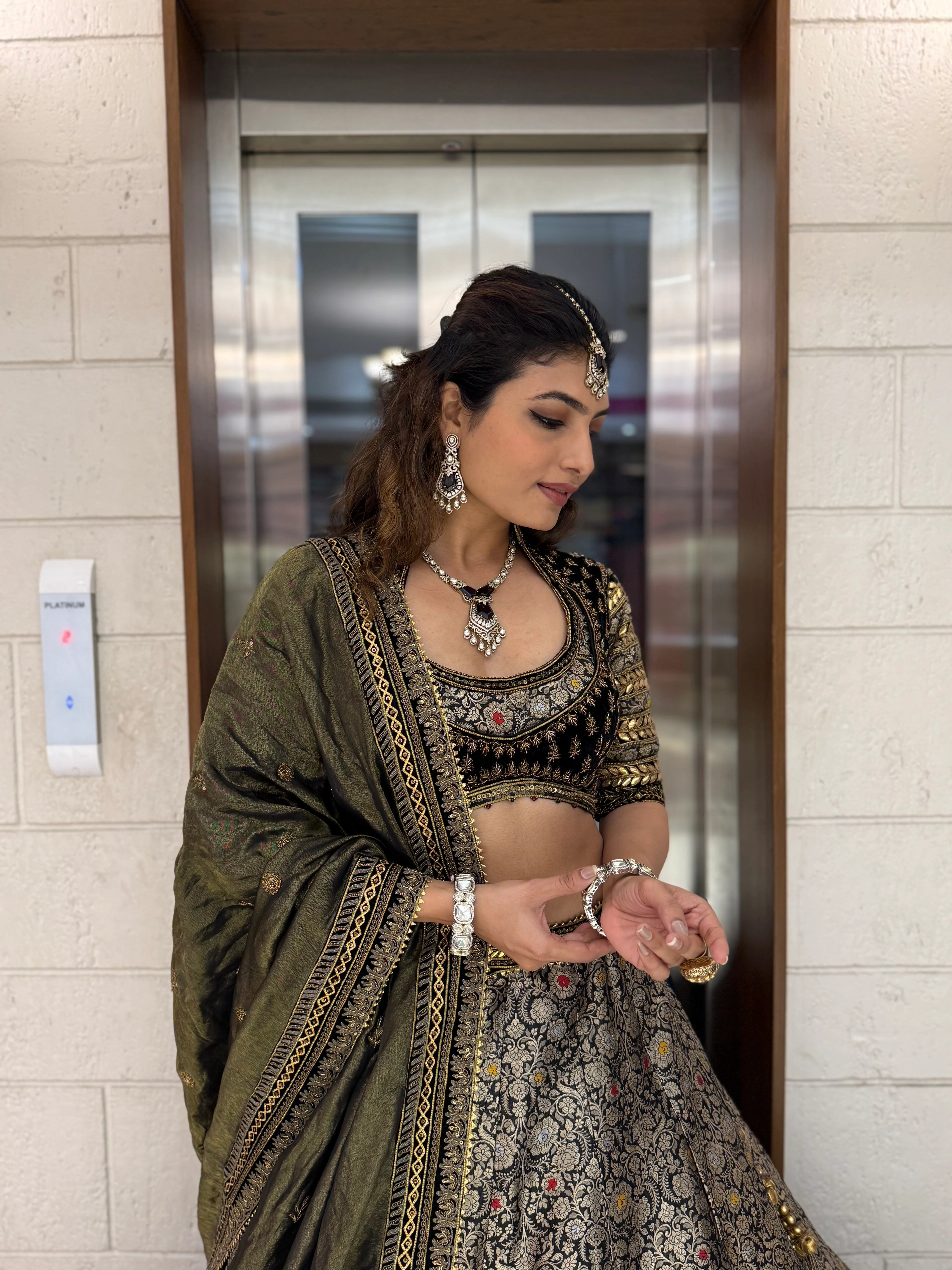 Olive Green and Black Banarasi Brocade Lehenga Set with Zari Embroidery and Silk Dupatta - Image 2