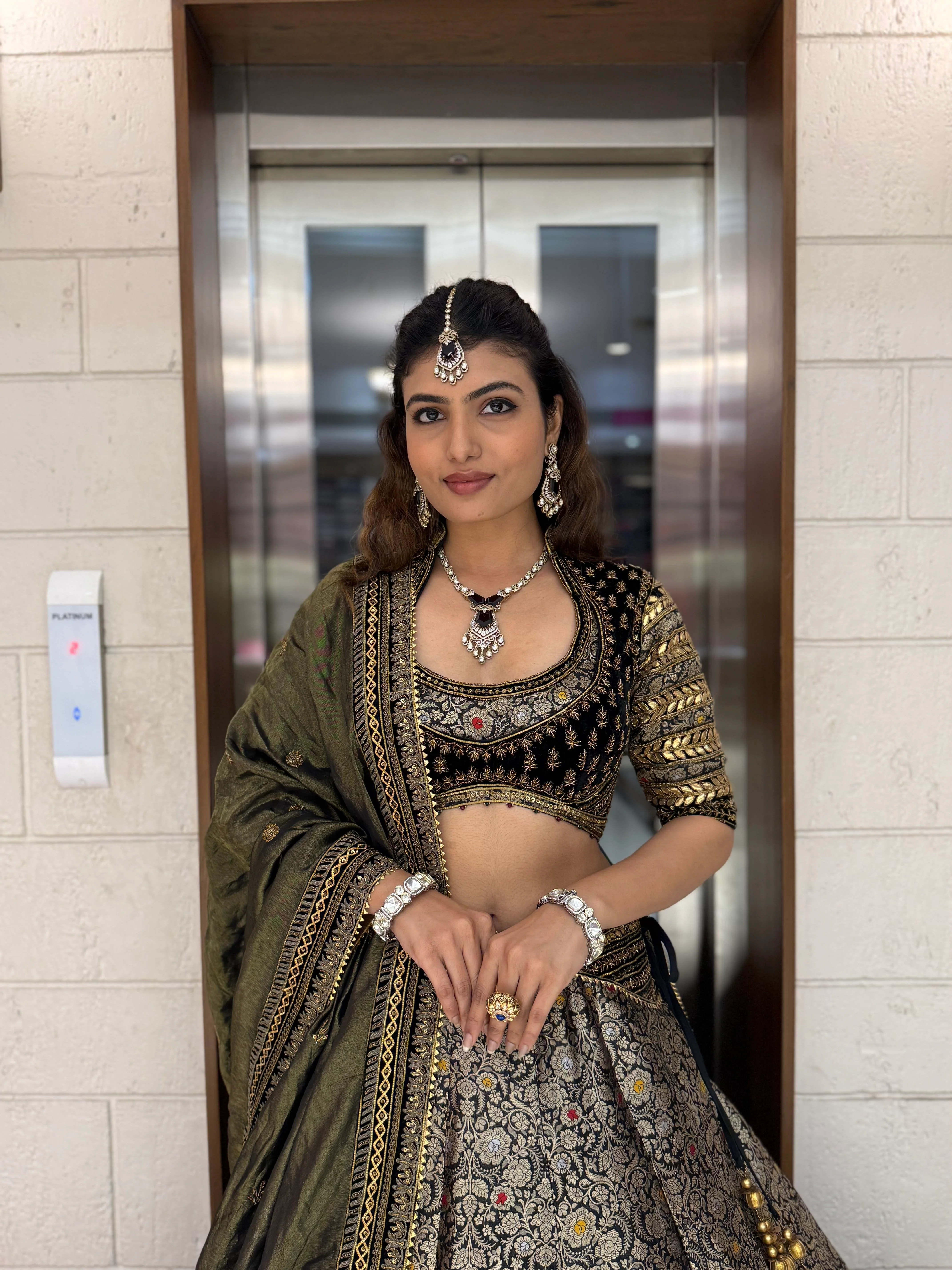 Olive Green and Black Banarasi Brocade Lehenga Set with Zari Embroidery and Silk Dupatta - Image 3