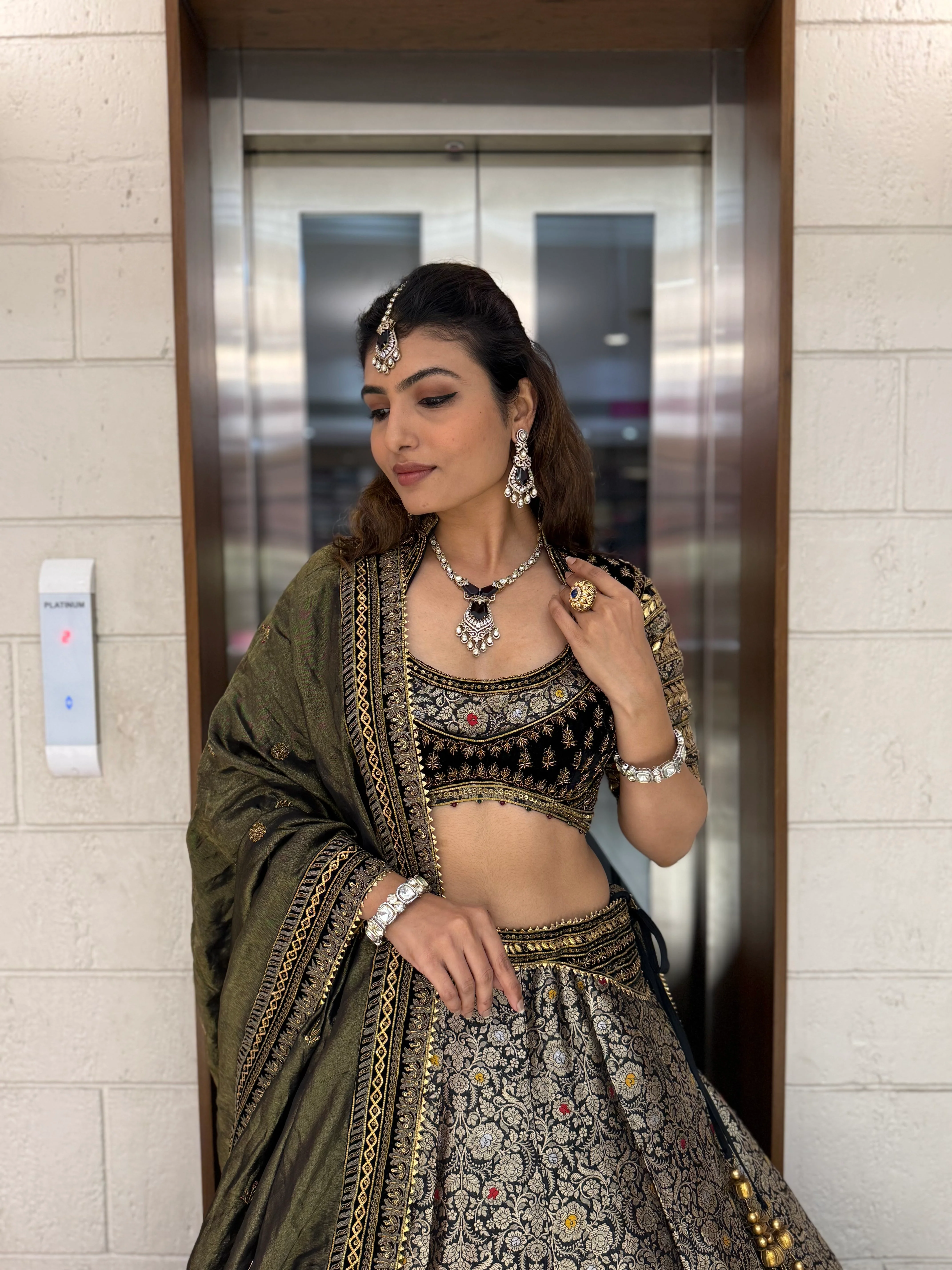 Olive Green and Black Banarasi Brocade Lehenga Set with Zari Embroidery and Silk Dupatta - Image 4