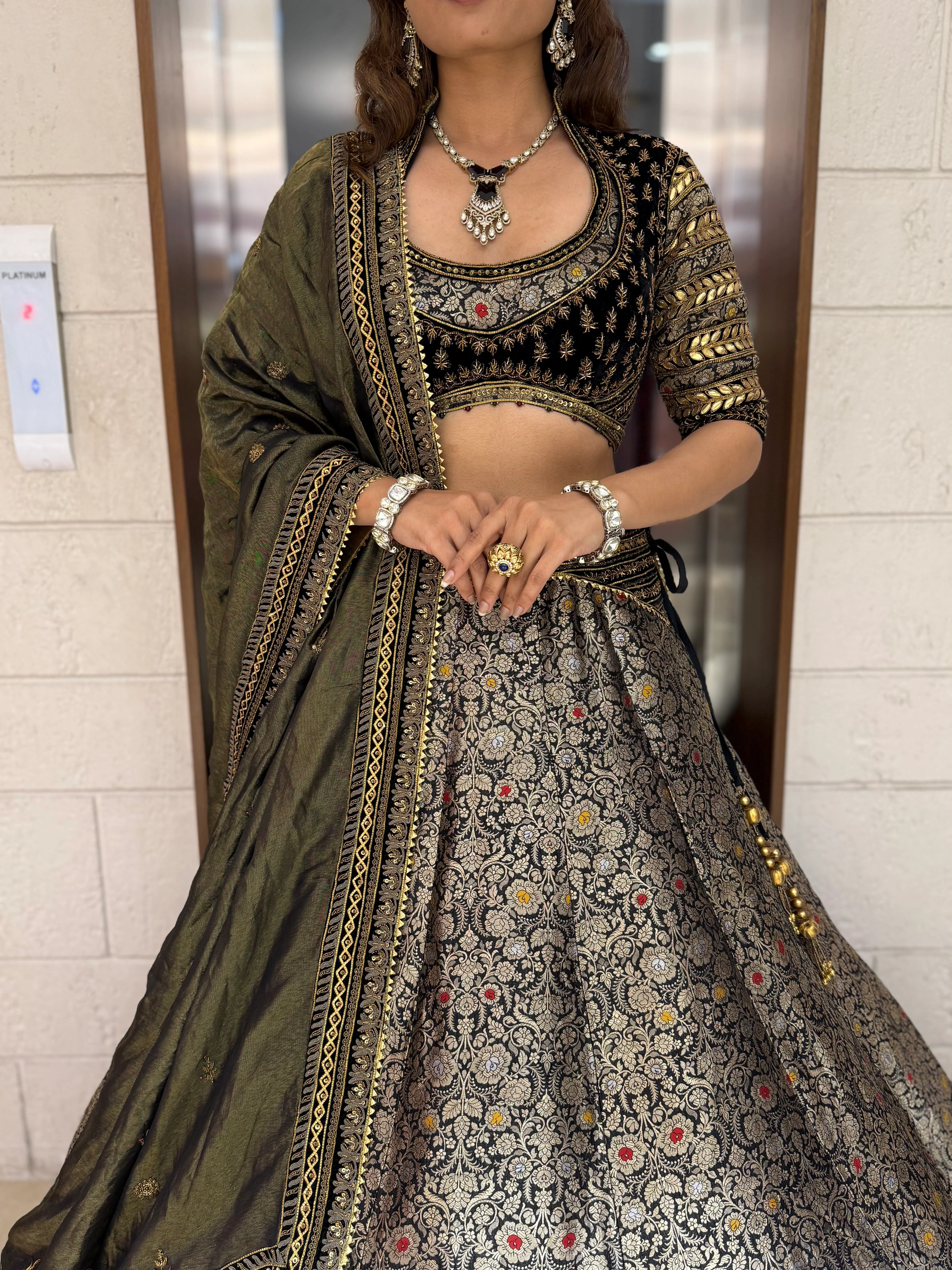 Olive Green and Black Banarasi Brocade Lehenga Set with Zari Embroidery and Silk Dupatta - Image 5