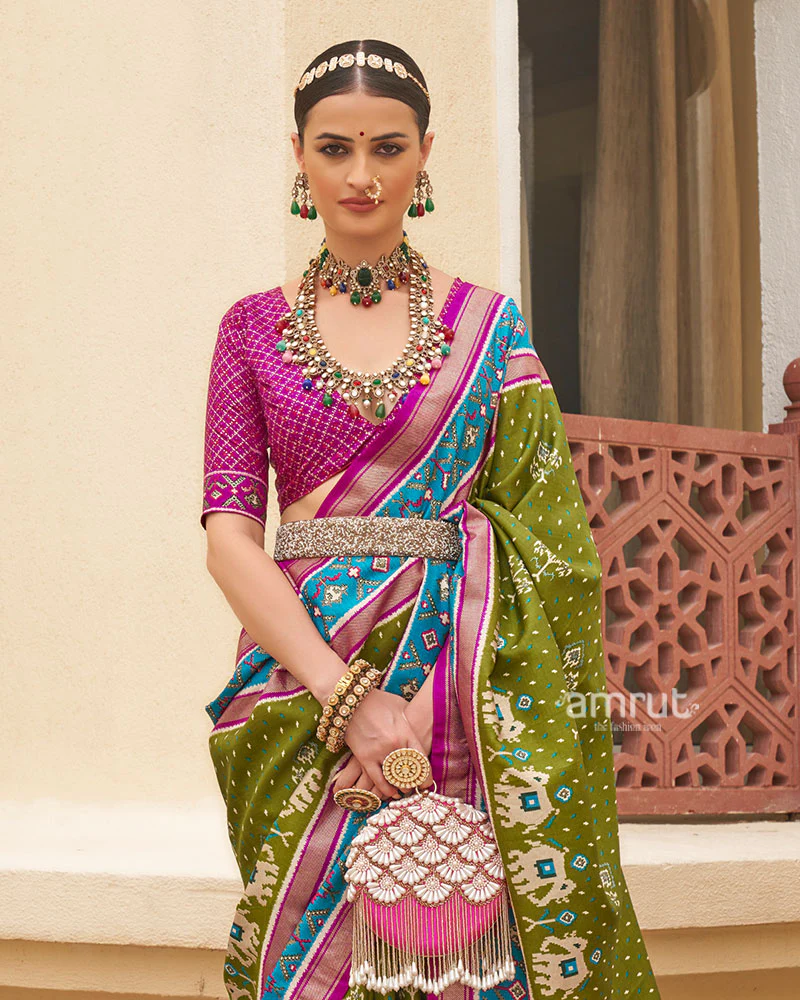 Olive Green and Pink Ethnic Printed Patola Silk Saree with Unstitched Blouse - Image 2