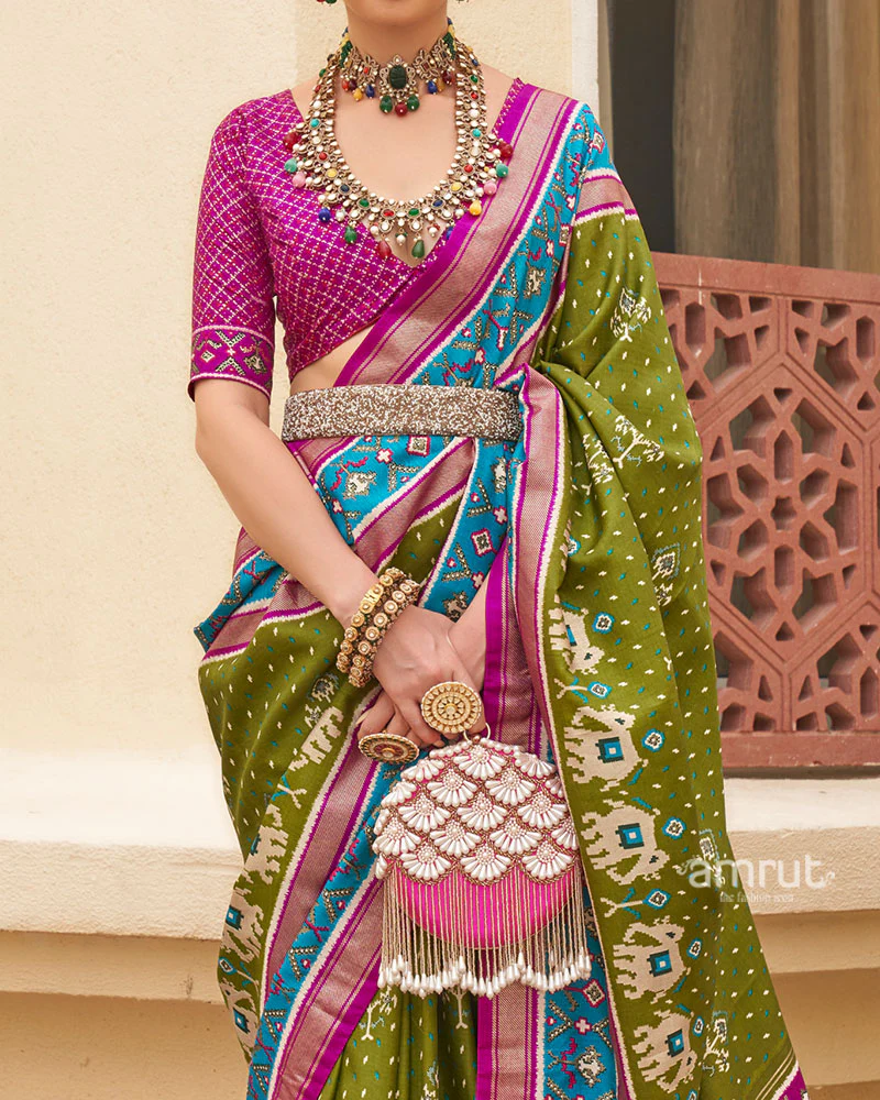 Olive Green and Pink Ethnic Printed Patola Silk Saree with Unstitched Blouse - Image 3