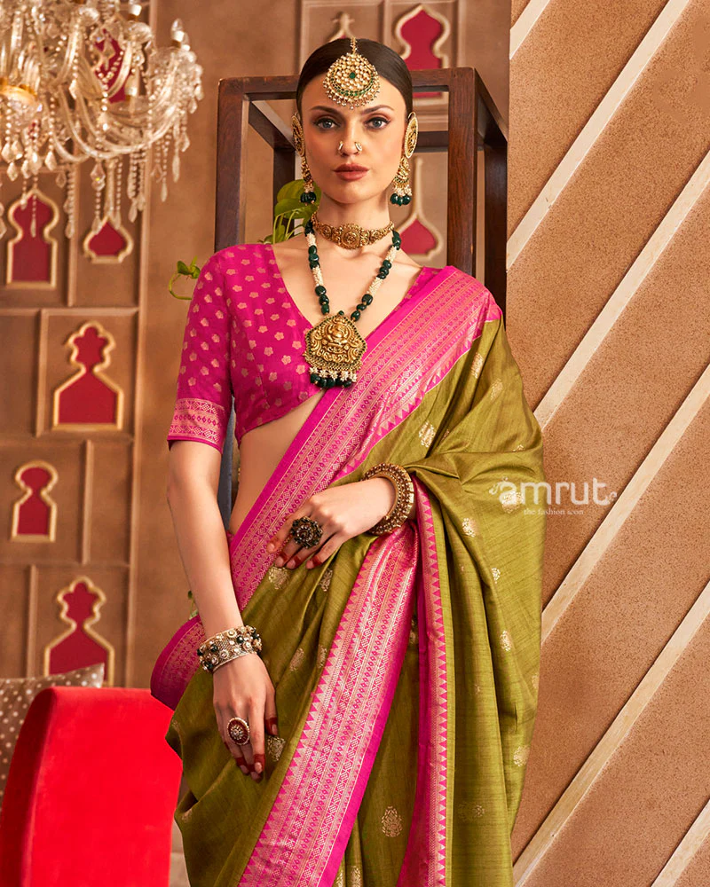 Olive Green and Pink Foil Printed Patola Saree with Unstitched Blouse - Image 2