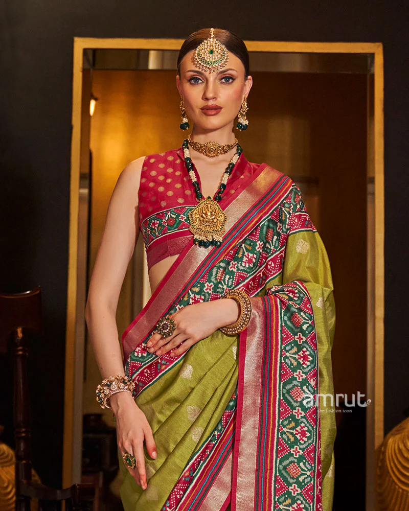 Olive Green and Red and Green Printed Border Traditional Saree with Unstitched Blouse - Image 2
