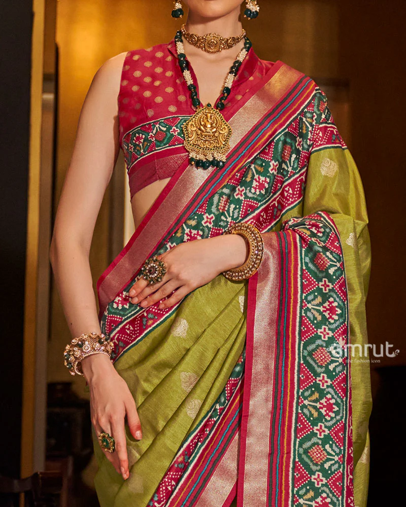 Olive Green and Red and Green Printed Border Traditional Saree with Unstitched Blouse - Image 3