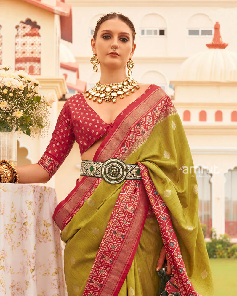 Olive Green & Rani Pink Patola Silk Saree with Traditional Woven Border - Image 2